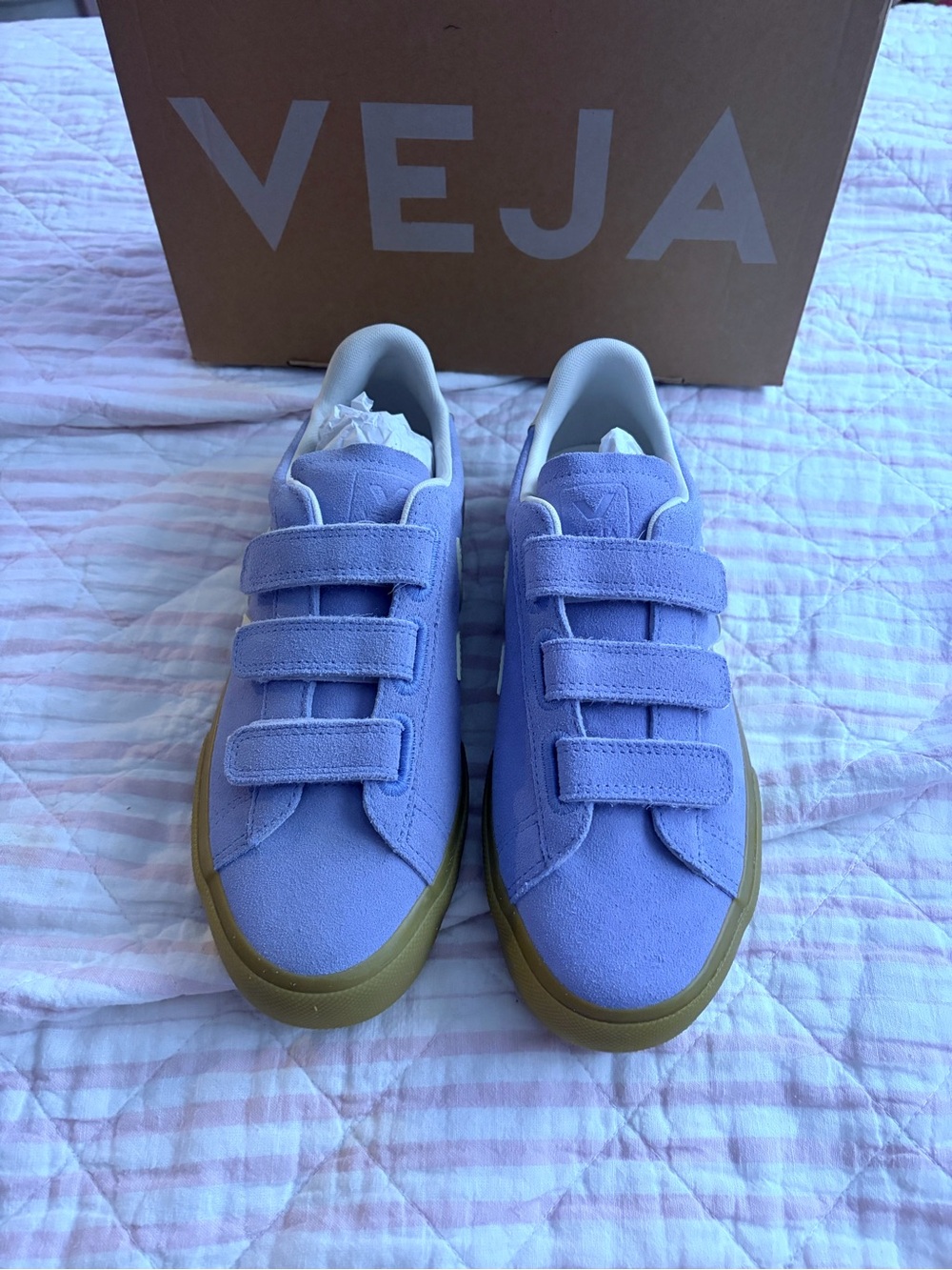 NWB Rare Veja Periwinkle Blue Suede Velcro Sneakers with Gum Sole